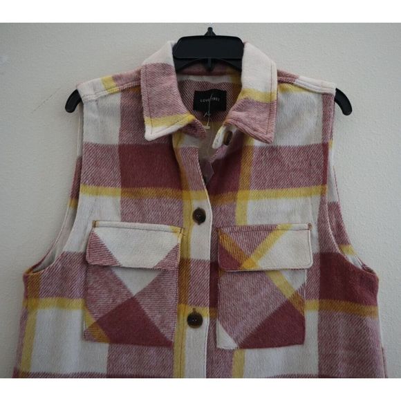 Love Tree Women's Sz L Pink/White Plaid Long Button Down Vest - Picture 3 of 7